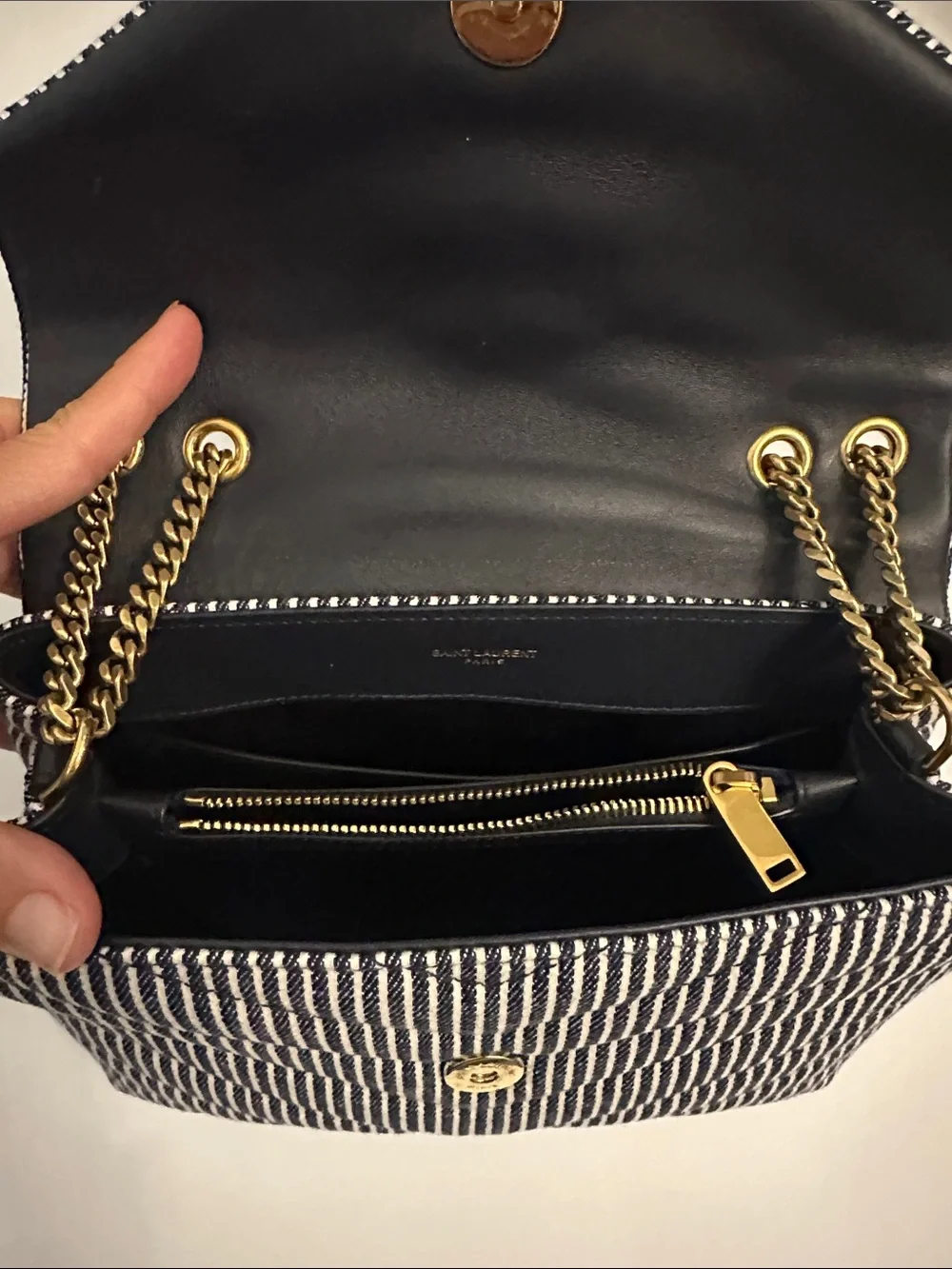 Saint Laurent LouLou Denim Striped Quilted Shoulder Bag with Gold Hardware
